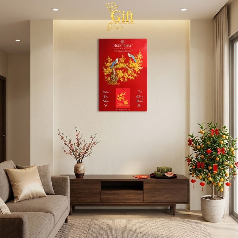 Tranh Lịch Sơn Mài Hoa Mai Vàng Nền Đỏ