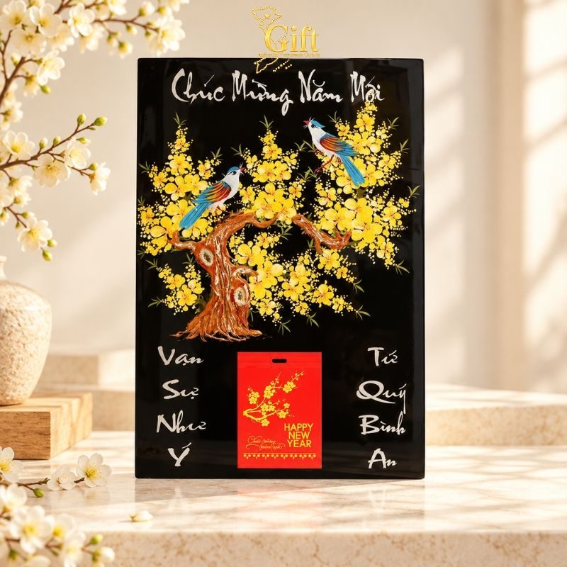 Tranh Lịch Sơn Mài Hoa Mai Vàng Vẽ Tay Nền Đen | Quà Tết Doanh Nghiệp 2027 Cao Cấp