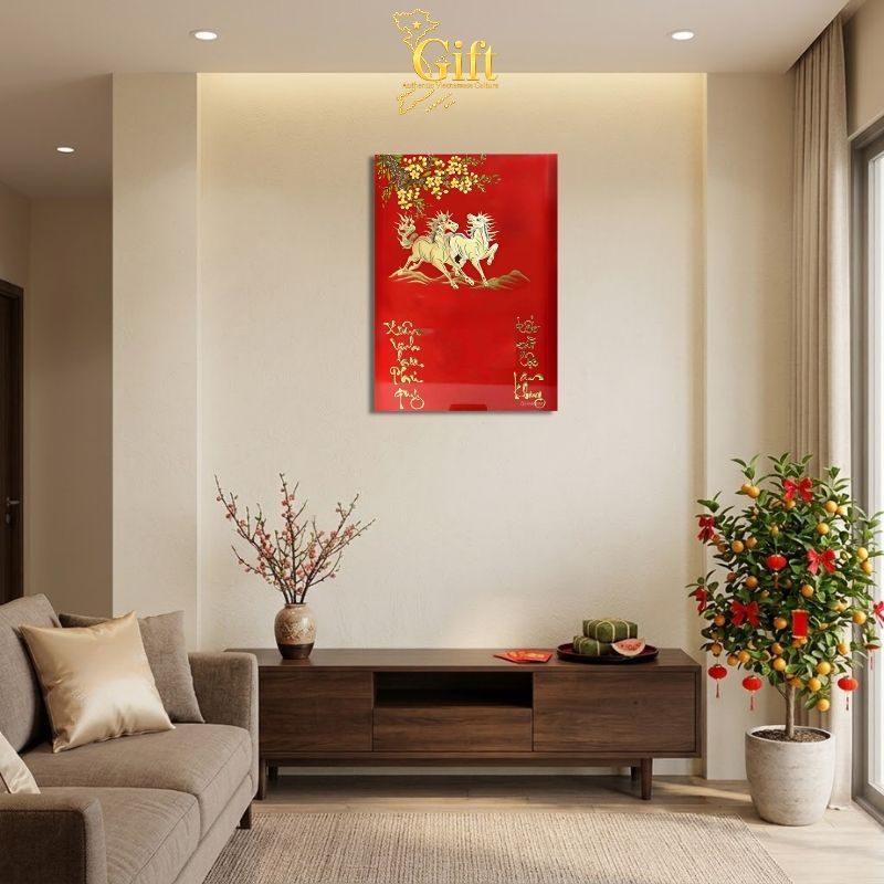 Tranh Lịch Sơn Mài Mã Đáo Thành Công Đắp Nổi Nền Đỏ | Quà Tết Doanh Nghiệp 2027