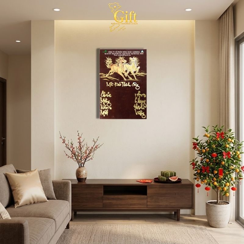 Tranh Lịch Sơn Mài Mã Đáo Thành Công Đắp Nổi Nền Đen | Quà Tết Doanh Nghiệp 2027