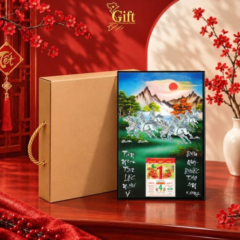 Tranh Lịch Sơn Mài Mã Đáo Thành Công Cẩn Ốc Nền Xanh | Quà Tết Doanh Nghiệp 2027