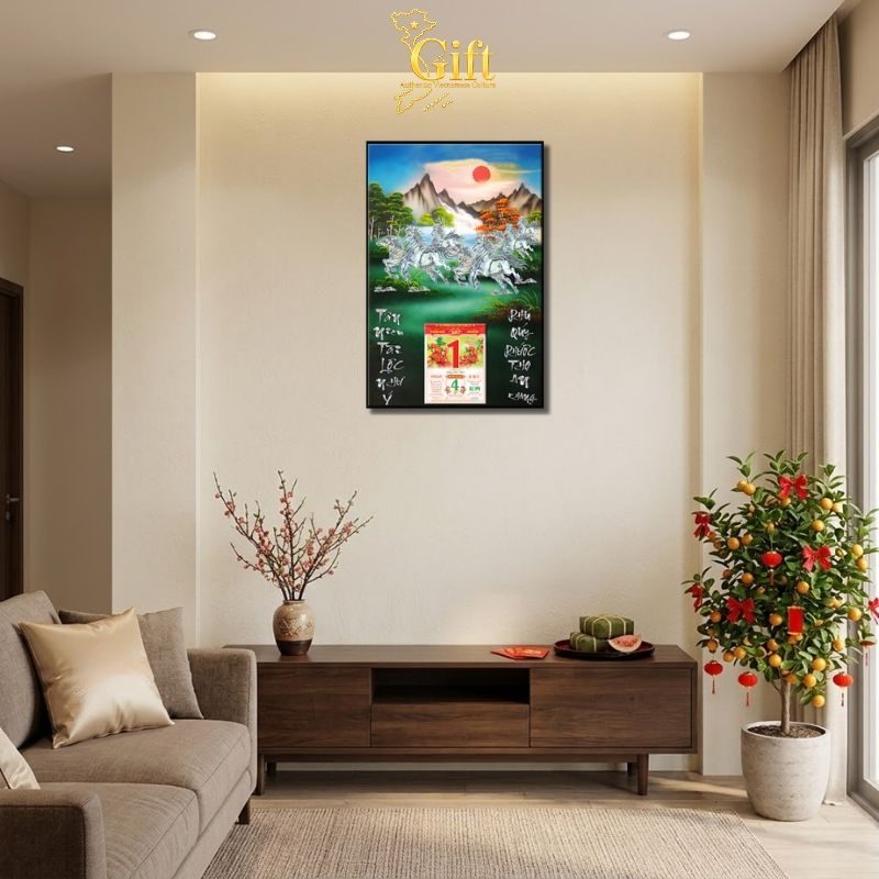 Tranh Lịch Sơn Mài Mã Đáo Thành Công Cẩn Ốc Nền Xanh | Quà Tết Doanh Nghiệp 2027