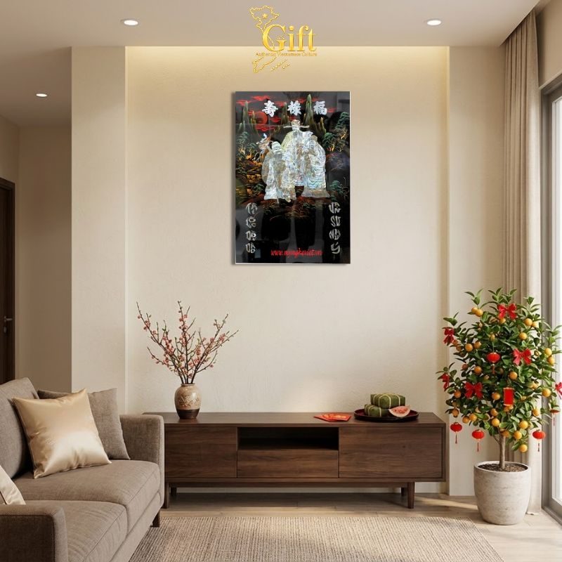 Tranh Lịch Sơn Mài Phúc Lộc Thọ Cẩn Ốc Nền Xanh | Quà Tết Doanh Nghiệp 2027