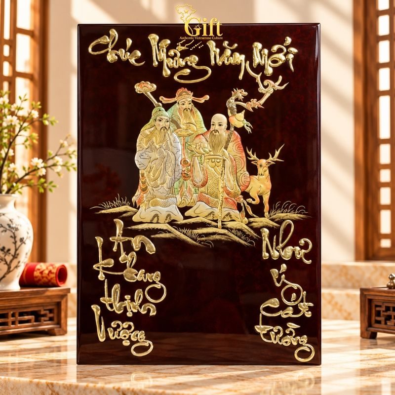 Tranh Lịch Sơn Mài Phúc Lộc Thọ Đắp Nổi Nền Đen | Quà Tết Doanh Nghiệp 2027