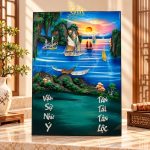 Tranh Lịch Sơn Mài Thuận Buồm Xuôi Gió Cẩn Ốc Nền Xanh | Quà Tết Doanh Nghiệp 2027