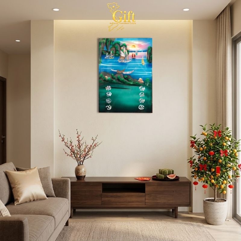 Tranh Lịch Sơn Mài Thuận Buồm Xuôi Gió Cẩn Ốc Nền Xanh | Quà Tết Doanh Nghiệp 2027